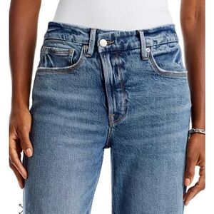 Good American 90s High Rise Faded Blue Straight Leg Jeans Size 27 Slanted Zip